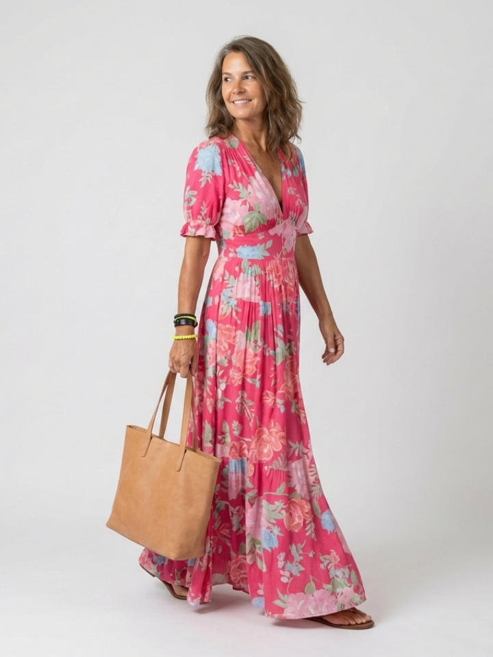 Ione | Abito Midi Floreale Senza Maniche con Scollo a V