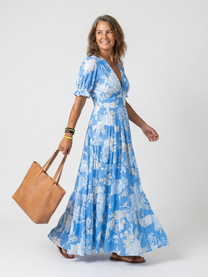 Ione | Abito Midi Floreale Senza Maniche con Scollo a V