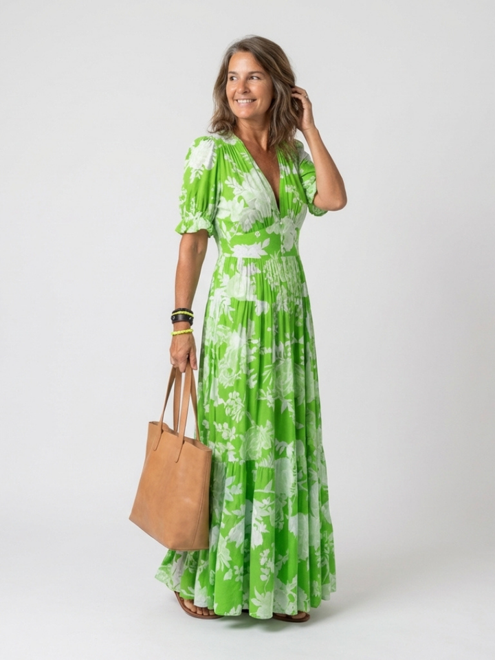 Ione | Abito Midi Floreale Senza Maniche con Scollo a V