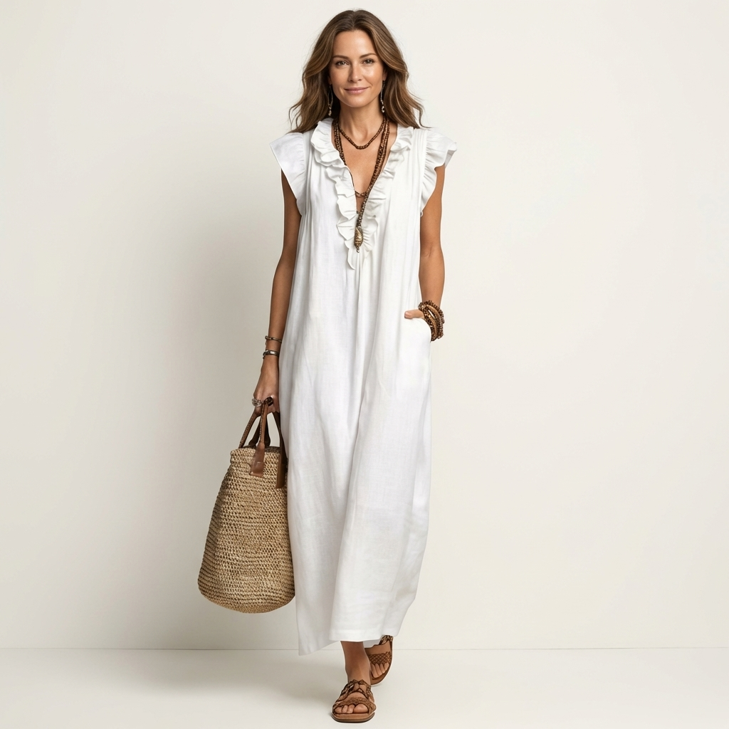 Josette | Abito Maxi in Lino con Scollo a V e Volant