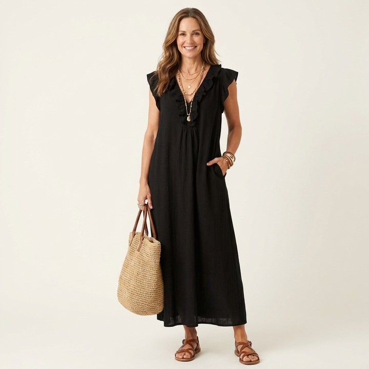 Josette | Abito Maxi in Lino con Scollo a V e Volant
