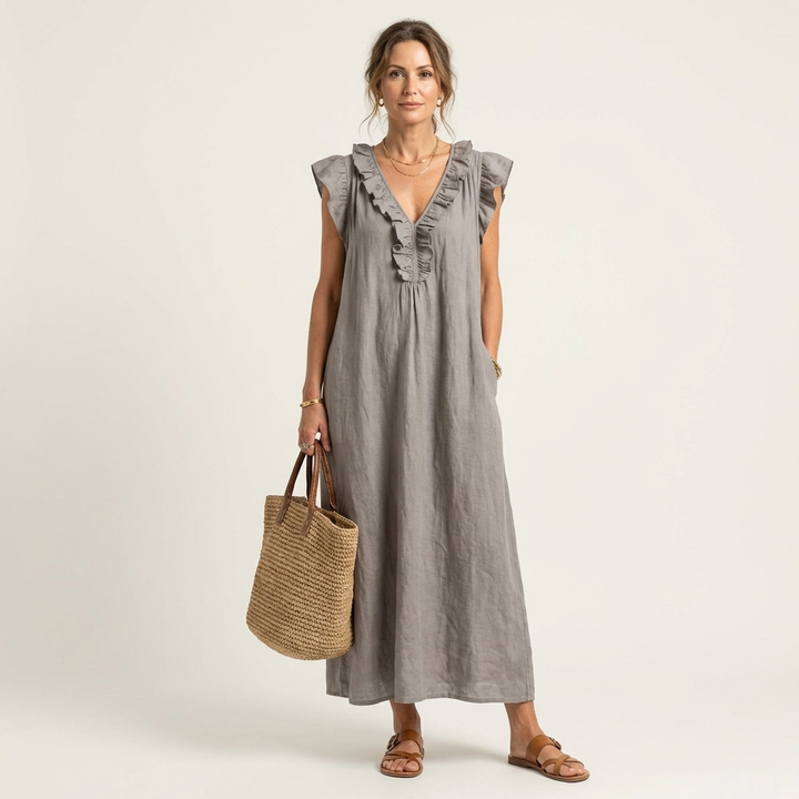 Josette | Abito Maxi in Lino con Scollo a V e Volant