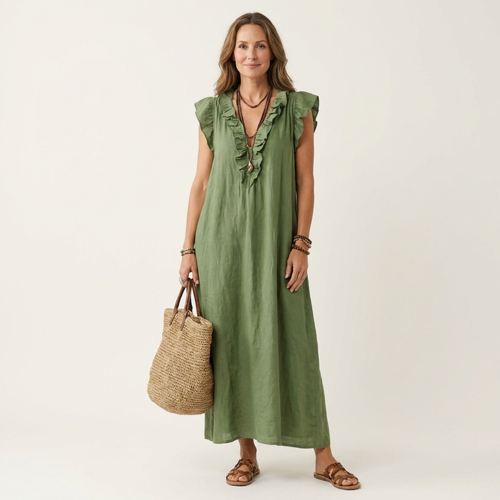 Josette | Abito Maxi in Lino con Scollo a V e Volant