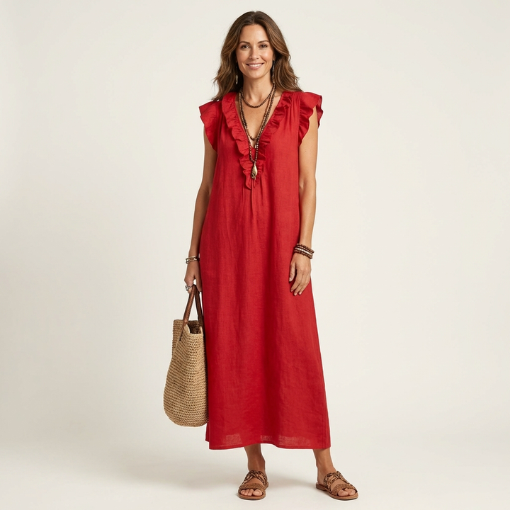 Josette | Abito Maxi in Lino con Scollo a V e Volant