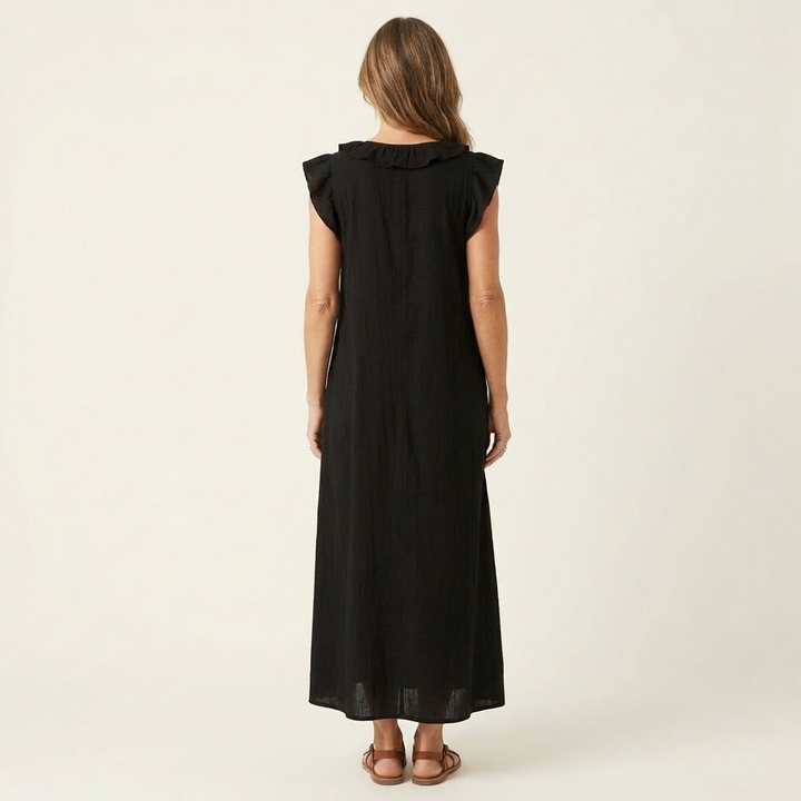 Josette | Abito Maxi in Lino con Scollo a V e Volant