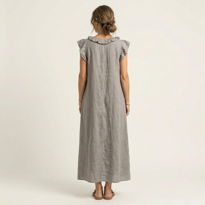 Josette | Abito Maxi in Lino con Scollo a V e Volant