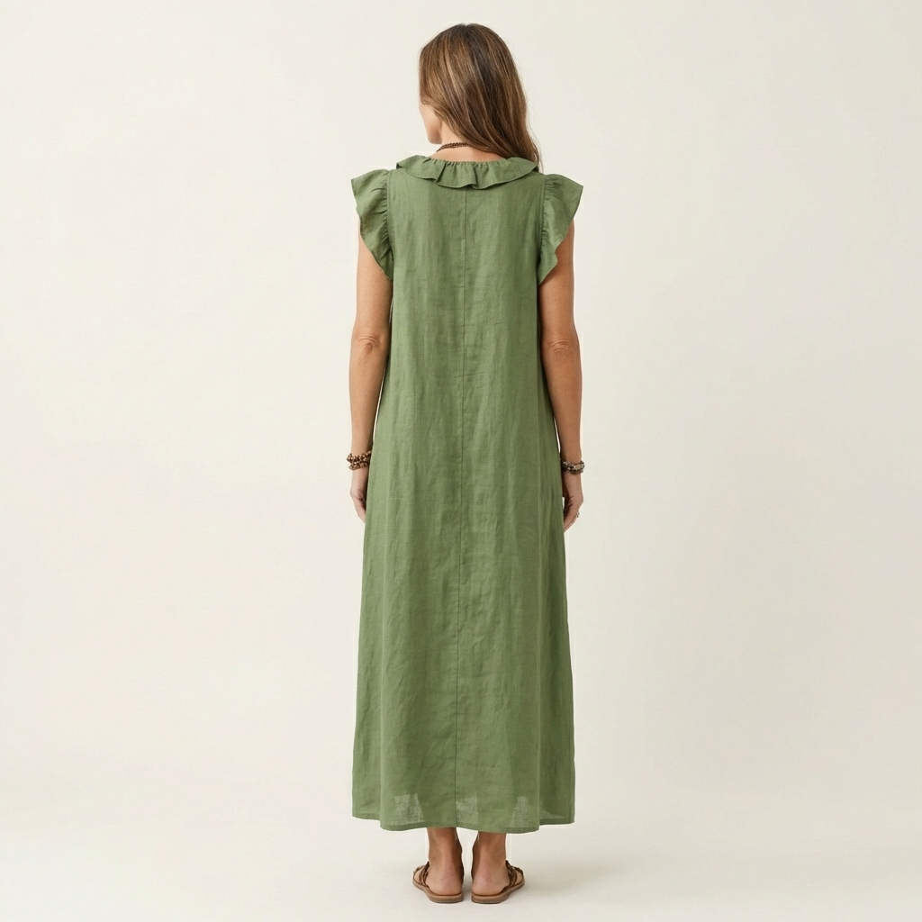 Josette | Abito Maxi in Lino con Scollo a V e Volant