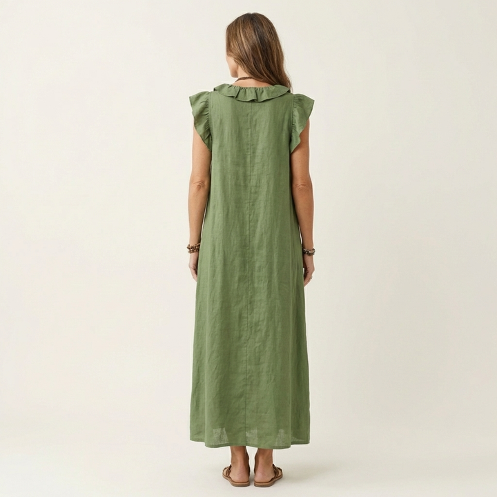 Josette | Abito Maxi in Lino con Scollo a V e Volant