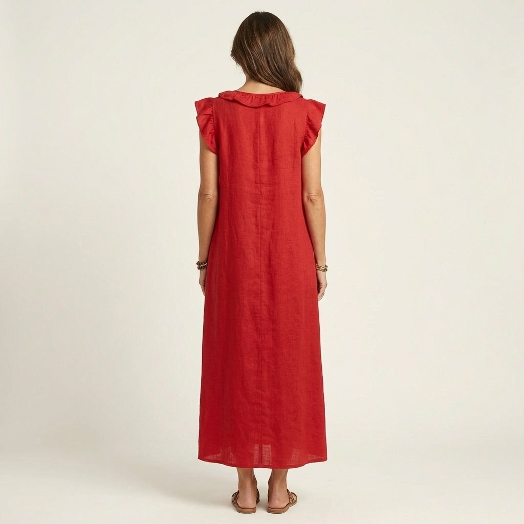 Josette | Abito Maxi in Lino con Scollo a V e Volant