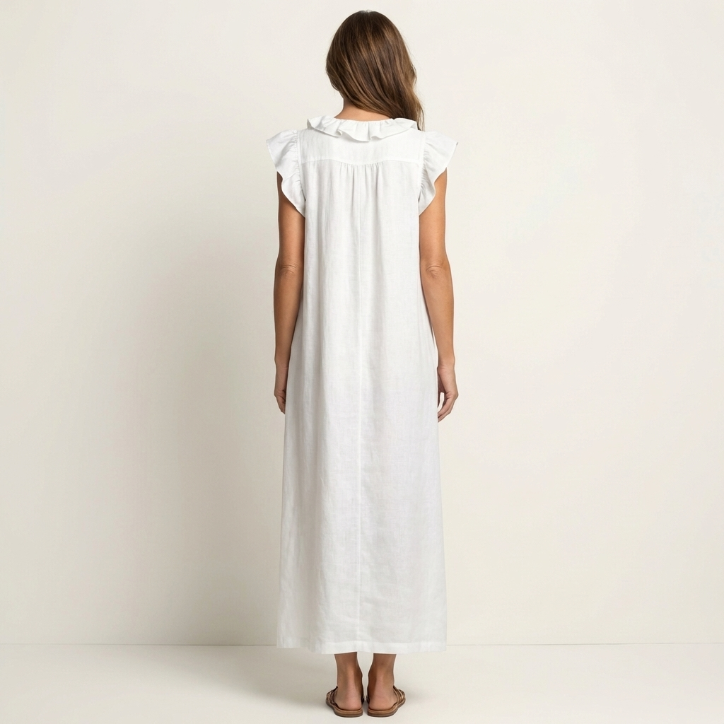 Josette | Abito Maxi in Lino con Scollo a V e Volant