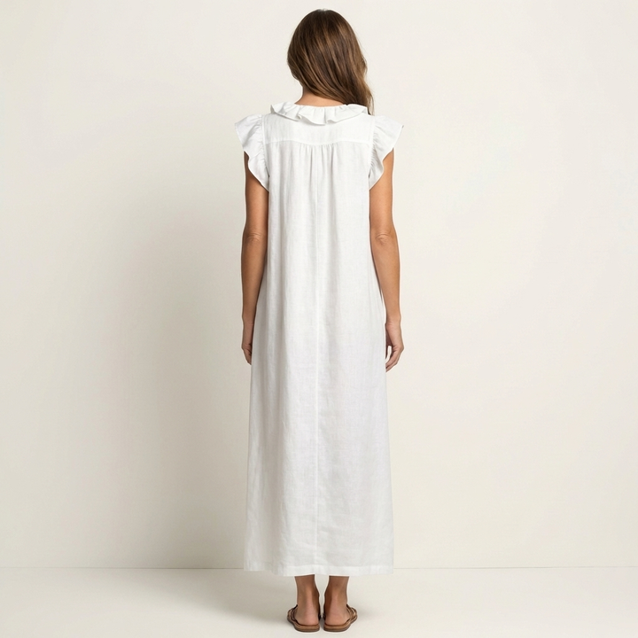Josette | Abito Maxi in Lino con Scollo a V e Volant