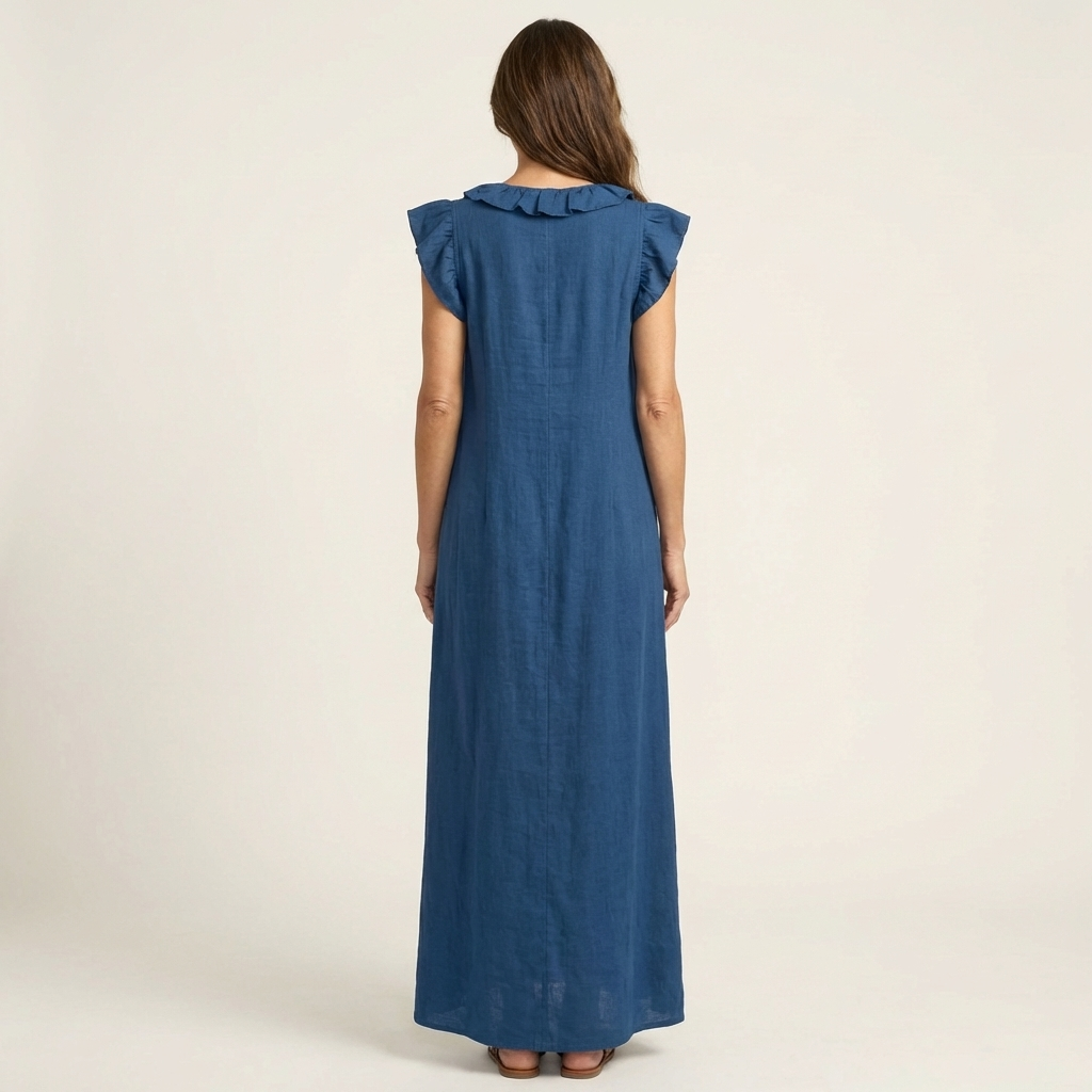 Josette | Abito Maxi in Lino con Scollo a V e Volant
