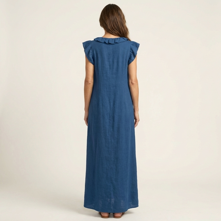 Josette | Abito Maxi in Lino con Scollo a V e Volant