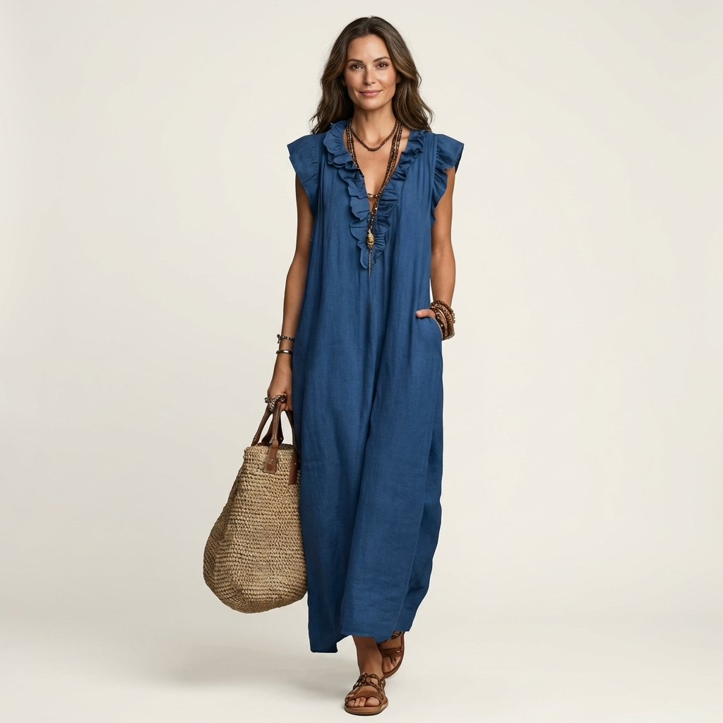 Josette | Abito Maxi in Lino con Scollo a V e Volant