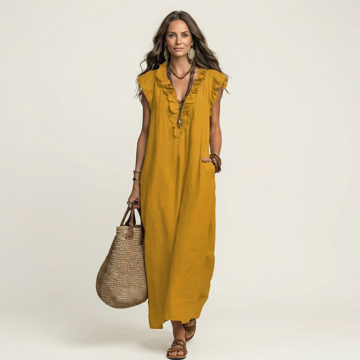 Josette | Abito Maxi in Lino con Scollo a V e Volant