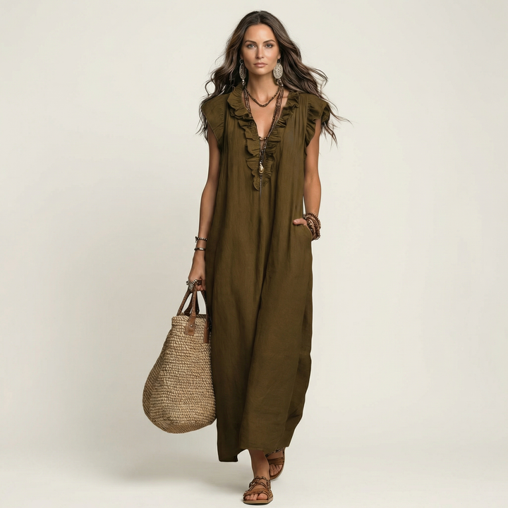 Josette | Abito Maxi in Lino con Scollo a V e Volant