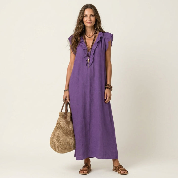 Josette | Abito Maxi in Lino con Scollo a V e Volant